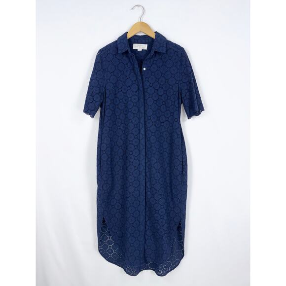 Trovata Birds Of Paradise Women's Eyelet Midi Shirt Dress Medium Navy - Picture 1 of 12